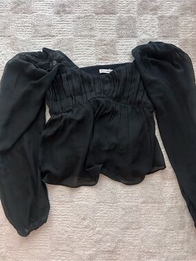 Abercrombie & Fitch Black Sheer Pleated Puff-Sleeve Blouse